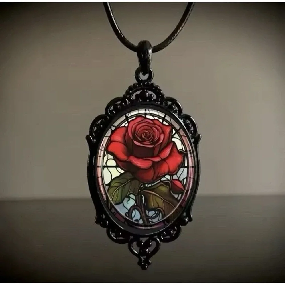 Rose Stained Glass Necklace Women's Black Red Gothic Victorian‎ Belle Valentine